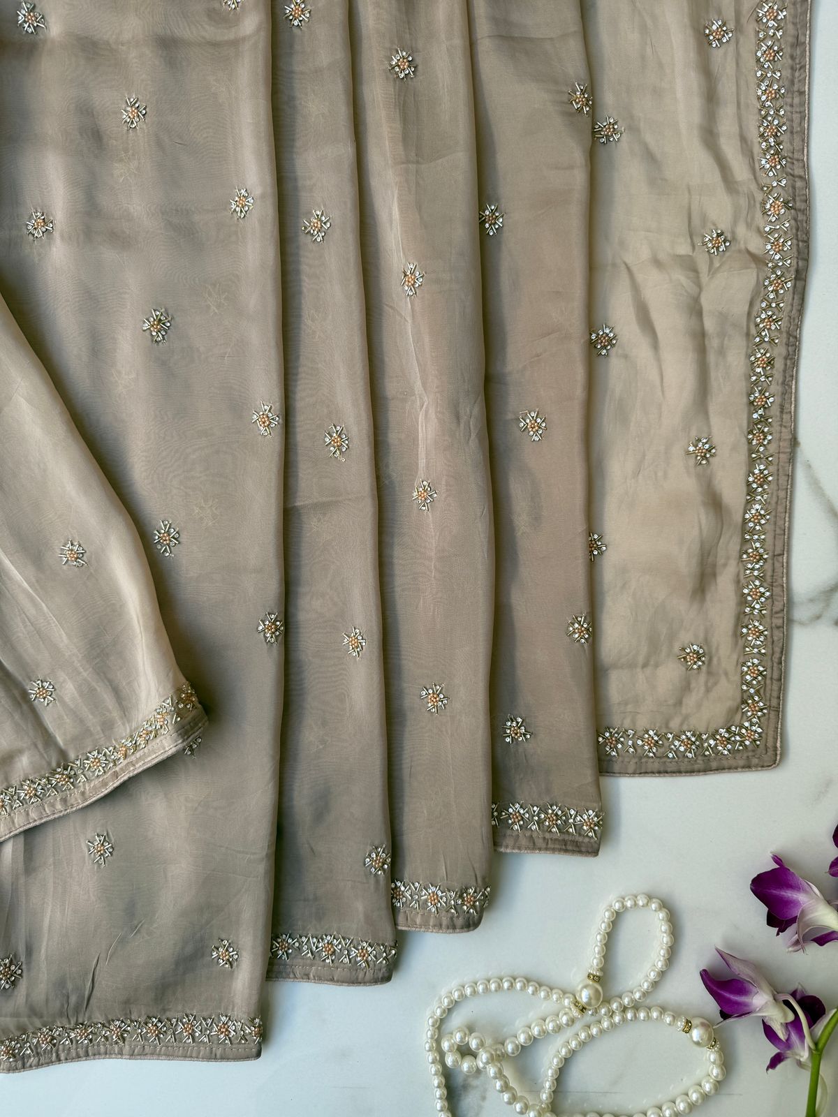 Cheeku Color Tissue Crepe Saree with Nalki and Stone work – Khiamalssarees