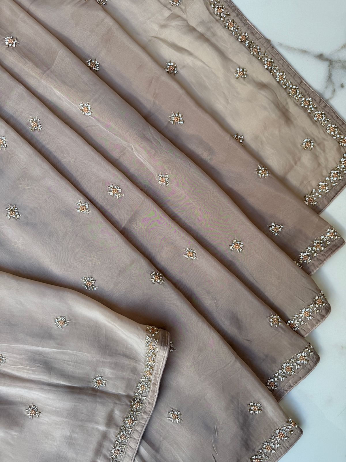 Cheeku Color Tissue Crepe Saree with Nalki and Stone work – Khiamalssarees